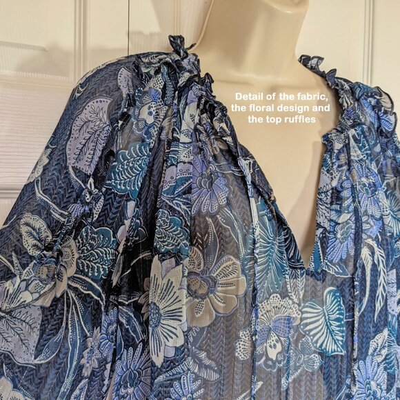 NWT Miss June Paris pullover 1 Size pullover top, Blue sheer floral, Made India - Picture 8 of 16